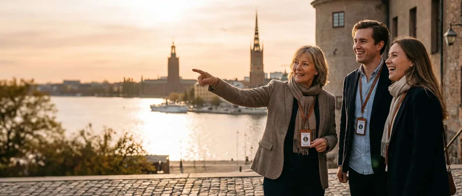 Tre personer med brickor står och tittar mot en stadssiluett vid vattnet. En kvinna pekar