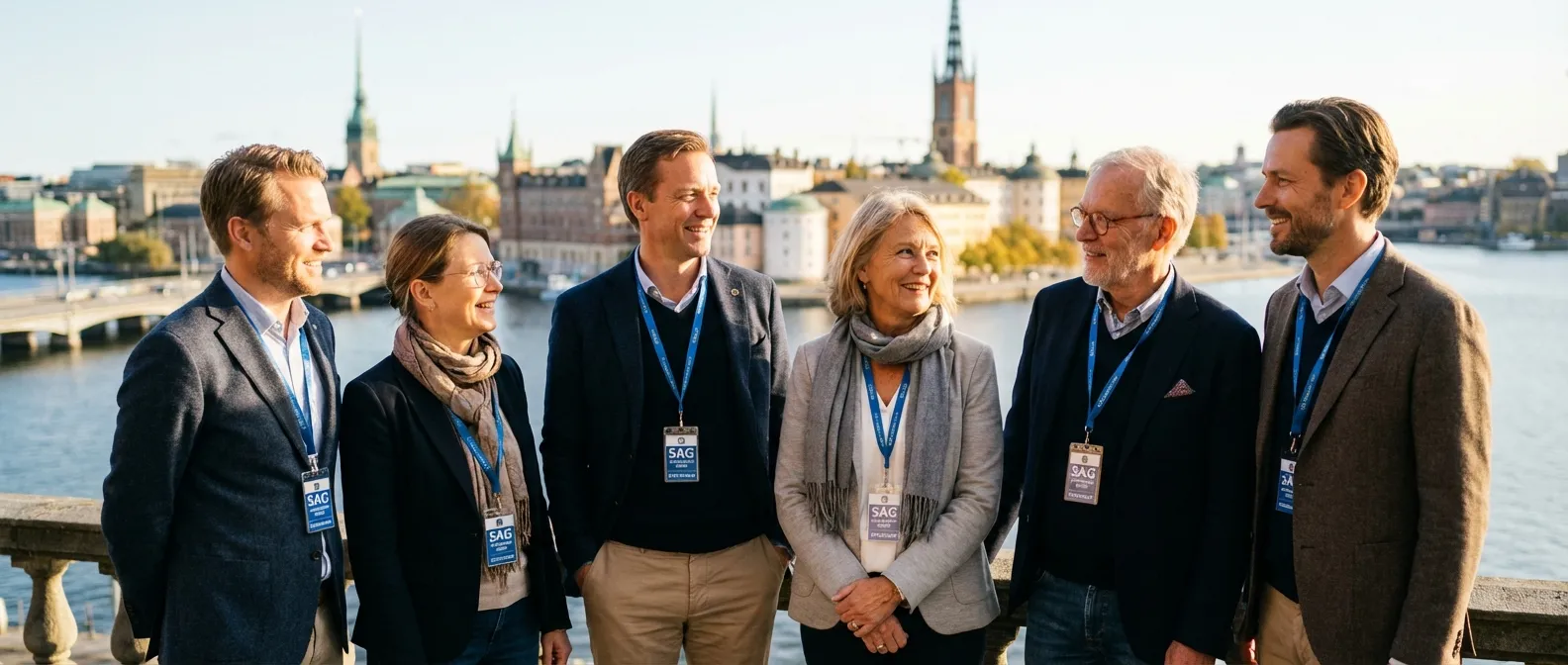 Sex personer med namnskyltar står utomhus, med byggnader och vatten i bakgrunden